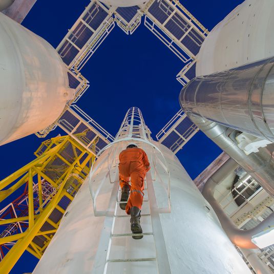 Worker climbing ladder on a tower in the plant.