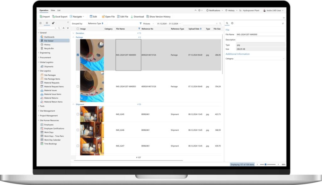 Insite LMS Baustellenmanagement App auf Laptop zeigt Baustellendokumentation.