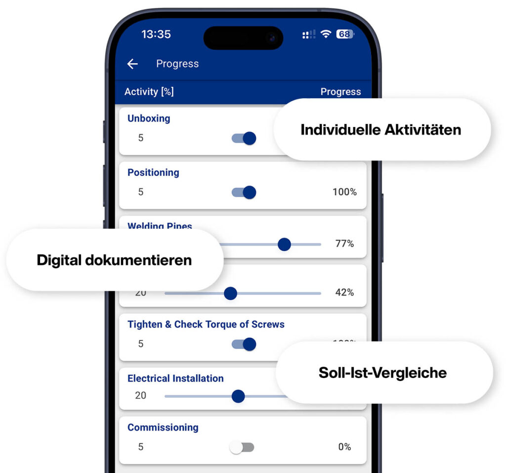 Baufortschritt-Tracking per App auf einem Smartphone mit der Insite LMS Software.
