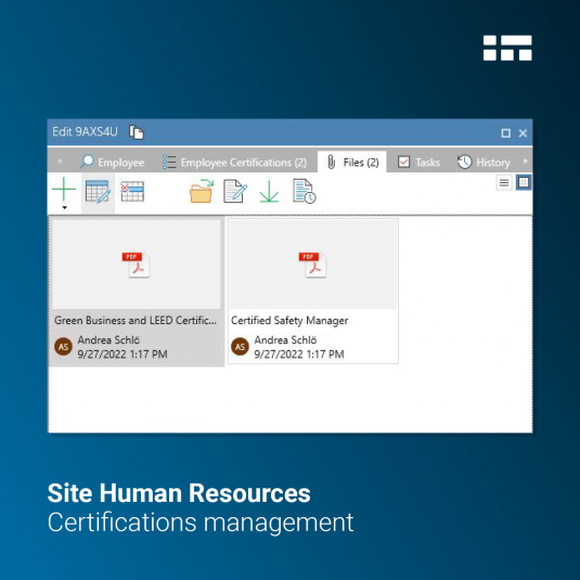 Especially in plant construction, safety is a must! Insite LMS is not only used for digital time tracking, but also manages all certificates, qualification proofs and contracts. Display of certifications management in Insite LMS - time tracking software that can do more!