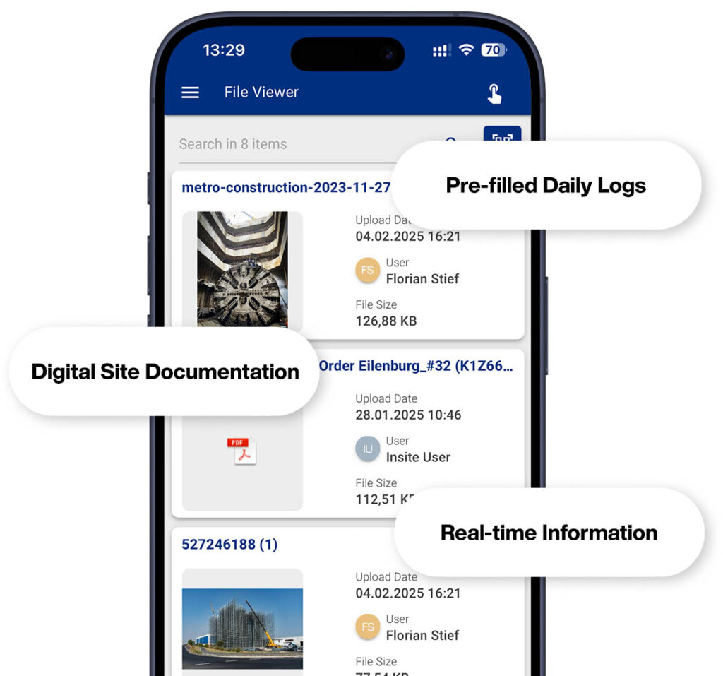Insite LMS app for digital construction site documentation shown on a smartphone.