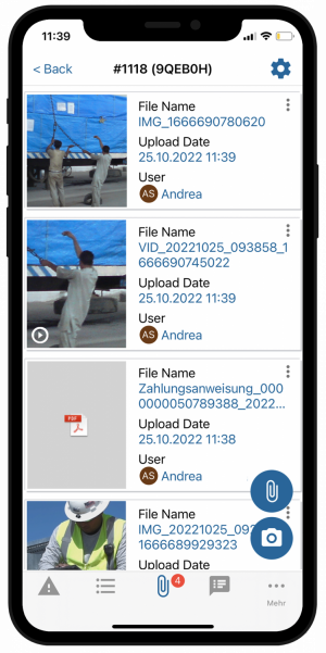Screenshot der App mit Fotodokumentation der HSE-Vorgänge