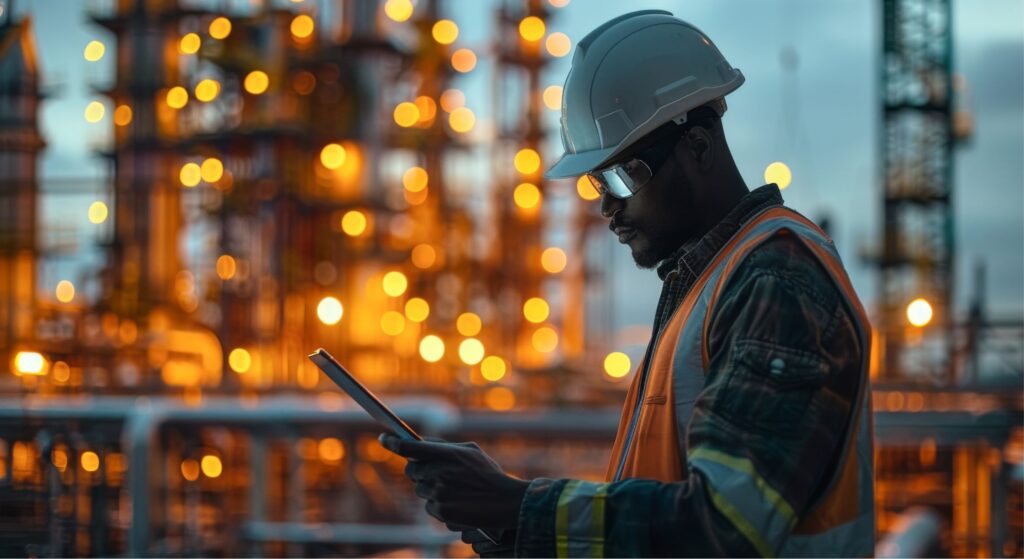 A silhouette of an engineer inspecting the progress of a construction site with a city skyline in the background , abstract , background