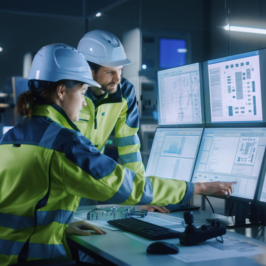 Vorteile der Digitalisierung Site Manager bei der Arbeit - Vier Bildschirme vor ihnen.