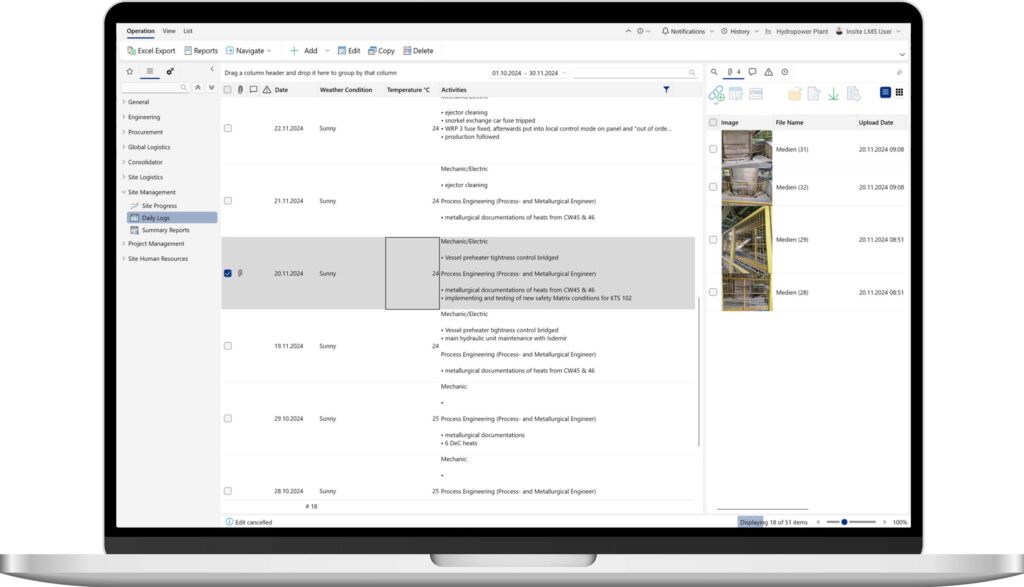 Ein digitaler Bautagesbericht in der Insite LMS Bautagebuch Software auf einem Laptop.
