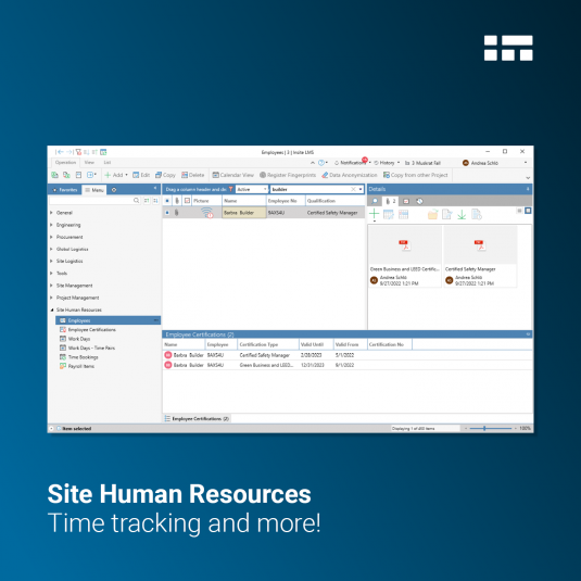 Insite LMS: Time tracking software and Site Humand Resources Management. Time tracking software: Insite LMS screen showing the "Site Human Resources" module, which also includes "Time Bookings".